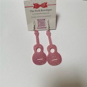 NWT Shimmer Glitter Pink Acrylic Clear Guitar Statement Hanging Earrings